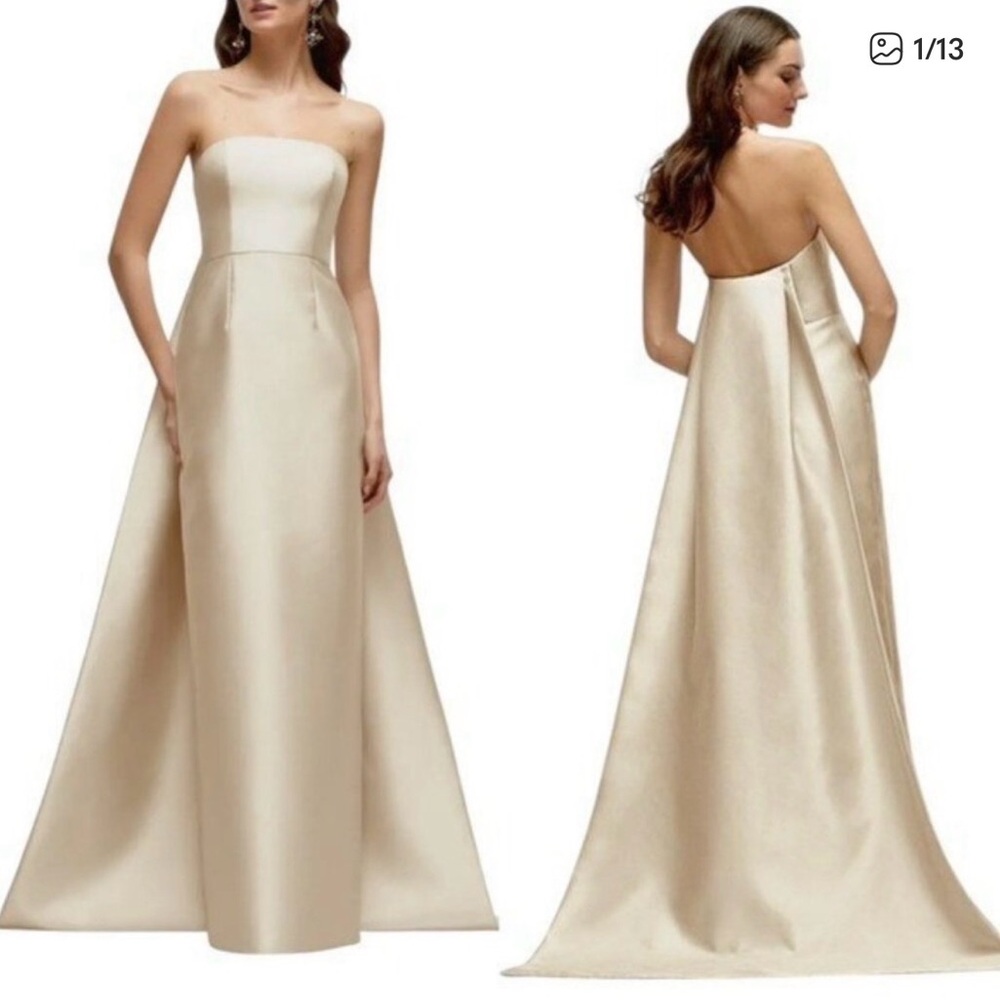 NWT Alfred Sung Strapless Satin Column Gown Removable Train Champagne Size 8 - Picture 2 of 4